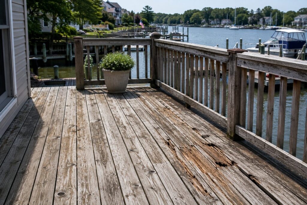 Weathered wood deck on an Annapolis waterfront home showing gray, splintering boards and visible rot from prolonged salt air exposure, overlooking a marina along Spa Creek or Back Creek.