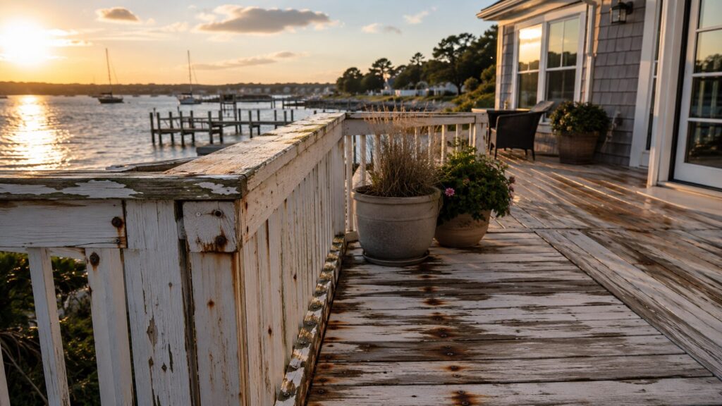Salt air corrosion on a waterfront home's aging wood deck with rusted fasteners and peeling paint overlooking a coastal marina, illustrating the harsh effects of marine exposure on outdoor structures.