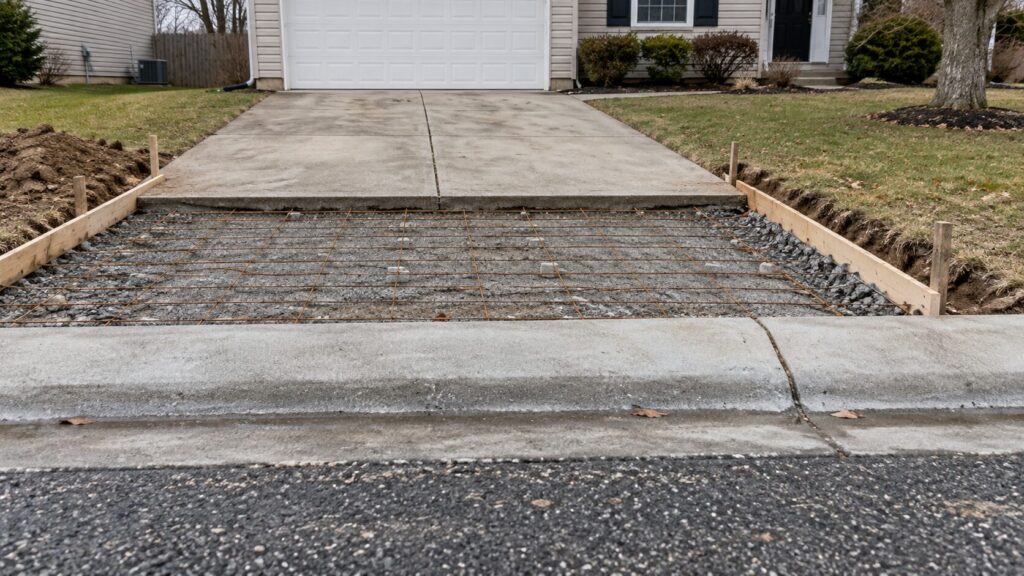Wire mesh and forms set for a concrete driveway apron at the curb and gutter on a residential street in Anne Arundel County, Maryland.