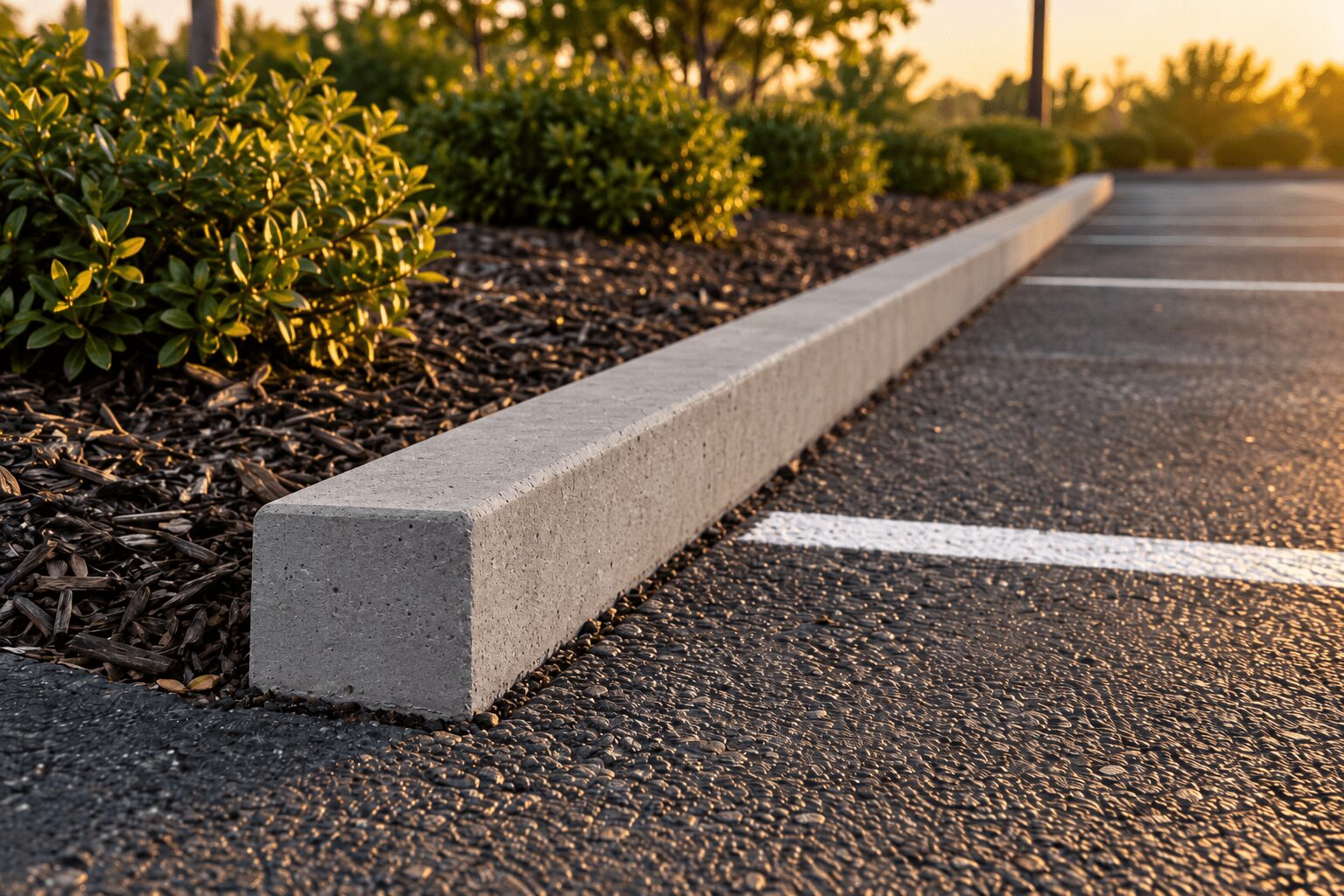Plain gray 6x6 commercial concrete curbing separating a parking area from a planted island