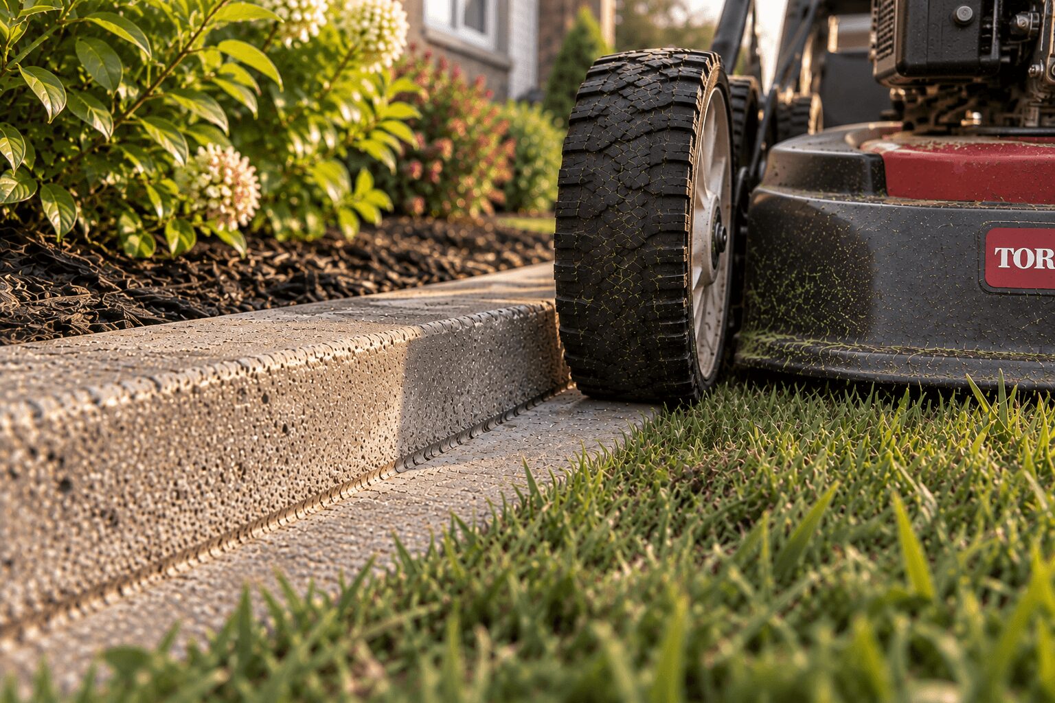 Mower wheel resting on the flat apron of a mower-style concrete curb alongside a landscaped bed