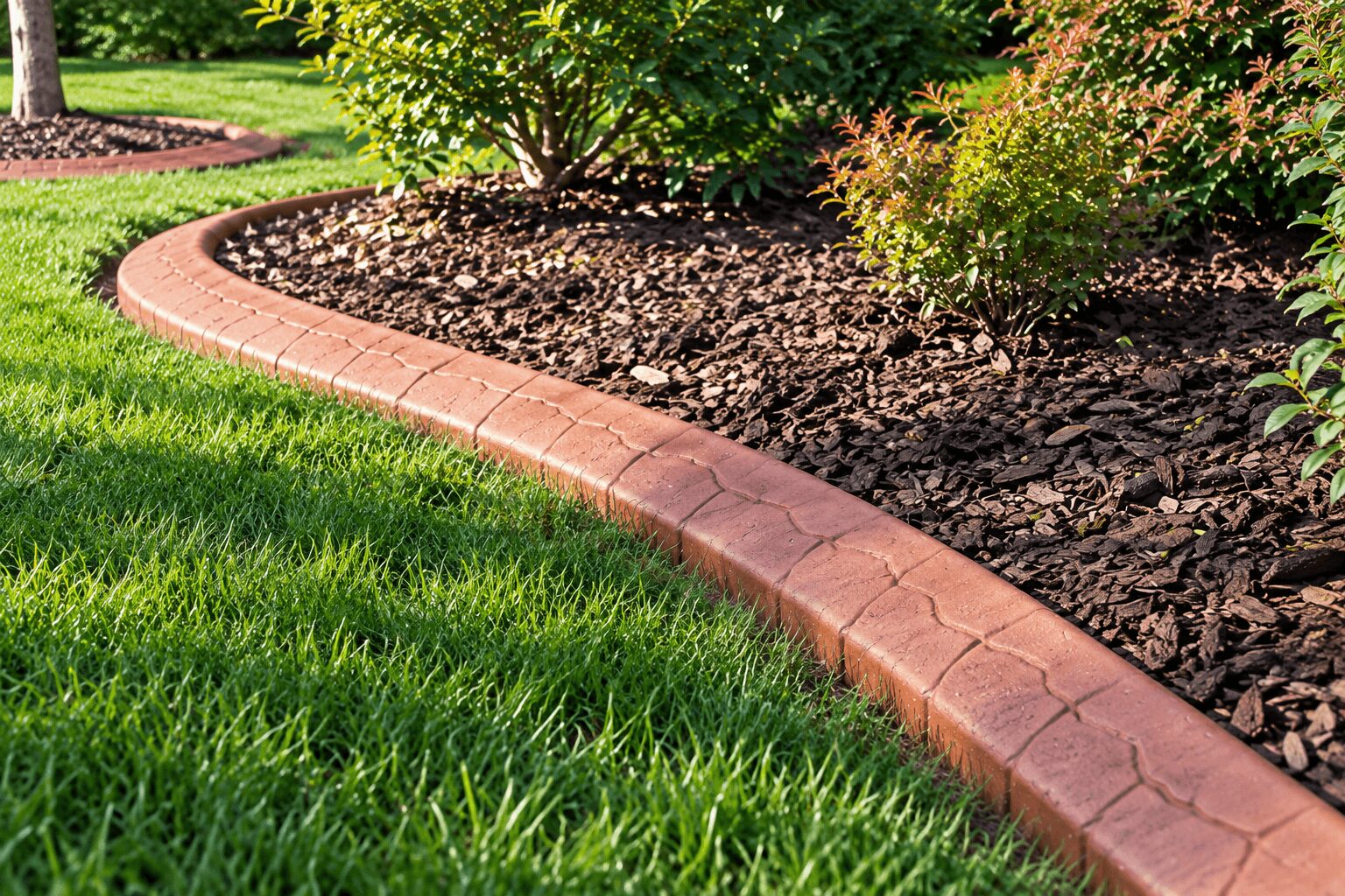 Slant-style stamped concrete curbing with a brick pattern edging a landscaped bed at an Annapolis home