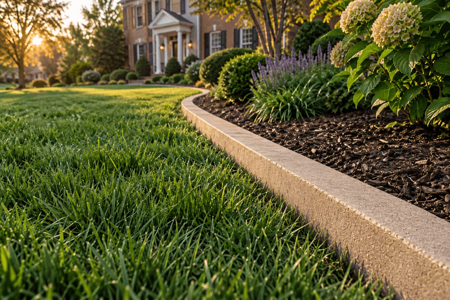 Long curved run of 6x4 rectangular concrete curbing edging a planting bed on a large Annapolis property
