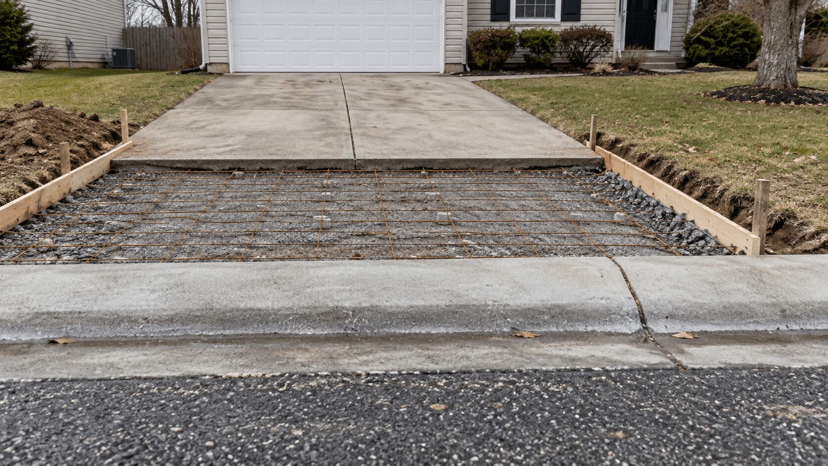 Wire mesh and forms set for a concrete driveway apron at the curb and gutter on a residential street in Anne Arundel County, Maryland